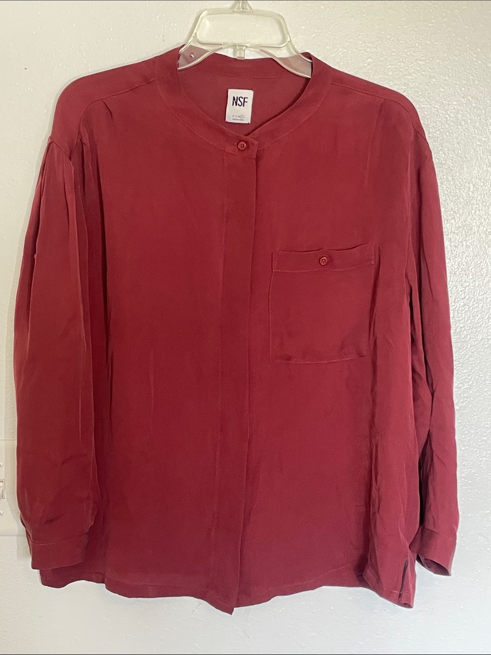 NSF Women's Maroon Button-Down Band Collar Shirt